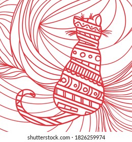 Square line pattern with cat. Hand drawn background. Design for spiritual relaxation for adults