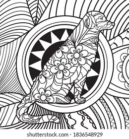 Square line pattern. Hand drawn background with patterned dog. Black and white illustration