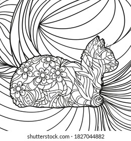 Square line pattern on white. Hand drawn cat. Print for flyers and banners. Black and white illustration