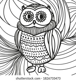 Square line pattern with owl. Hand drawn background. Black and white illustration