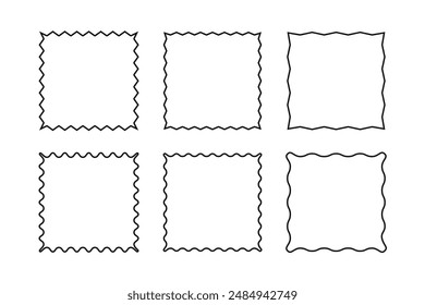 Square linear frames with zigzag edges set.  Wavy rectangles design elements isolated on white background.