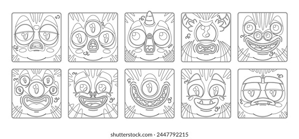 Square Linear Monochrome Icons, Avatars or Emojis Of Cartoon Monster Face Character Feature Exaggerated Eyes