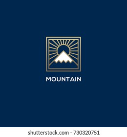 Square linear mountain and sun logo. Luxury geometric nature, hill, snow peak symbol.