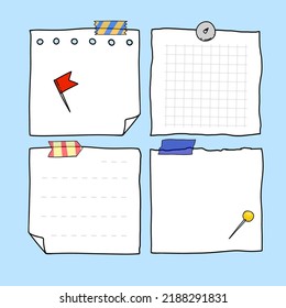 Square lined and blank note sheets with pins and transparent colored sticky tapes. Vector illustration of a set on a school and office theme in doodle style.