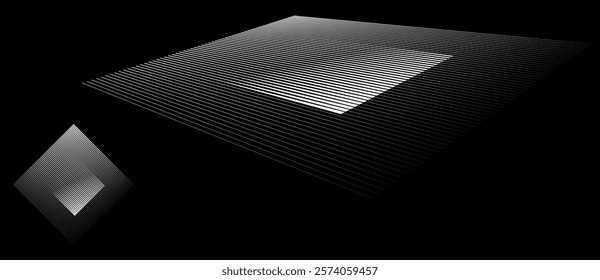 Square with lines, perspective and normal view. White square over black background. Can be used as logo, icon, tattoo. Optical illusion effect.