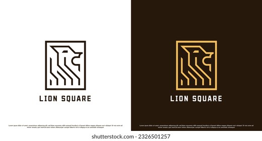 Square lion Logo Design Illustration. Flat kreative Silhouette Geometrie Linie wildes Tier Löwe in Wald quadeinfache majestätische elegante minimalistische königliche Luxus-Mongram-Raubfresser Fleischfresser Säugetier große Katze