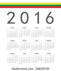 Square Lithuanian 2016 year vector calendar. Week starts from Sunday.