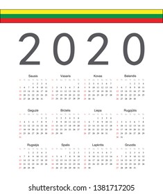 Square Lithuanian 2020 year vector calendar. Week starts from Sunday.