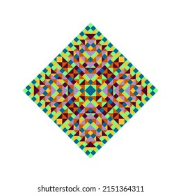 Square logo with bright pixel pattern in Mexican style. Rhombus with vivid tribal geometric triangles and squares ornament. Aztec rug element.