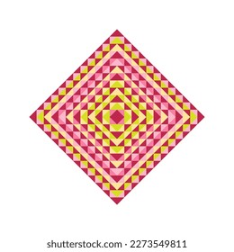 Square logo with bright pixel pattern in Mexican style. Rhombus with vivid tribal geometric triangles and squares ornament in trendy magenta color. Aztec rug element.