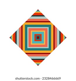 Square logo with bright pixel pattern in Mexican style. Rhombus with vivid tribal geometric triangles and squares ornament. Aztec rug element.