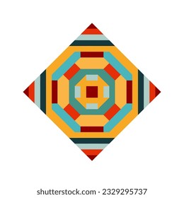 Square logo with bright pixel pattern in Mexican style. Rhombus with vivid tribal geometric triangles and squares ornament. Aztec rug element.