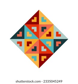 Square logo with bright pixel pattern in Mexican style. Rhombus with vivid tribal geometric triangles and squares ornament. Aztec rug element.