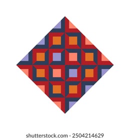 Quadratisches Logo mit hellen Pixelmustern im mexikanischen Stil. Rhombus mit lebendigen Stammes geometrischen Dreiecken und Quadraten Ornament. Aztekisches Teppichelement.