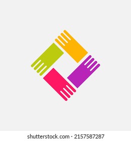 Square logo with hands. Helping hand symbol. Teamwork, Cooperation Abstract  Logo. 