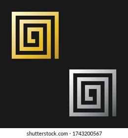 Square Logo. Labyrinth Icon. Bold Vector. Gold. Silver.