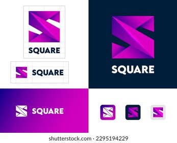 Logo cuadrado. Letra S de forma imposible. Cristal púrpura como monograma S al cuadrado. Identidad.  Botones Web.