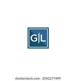 Um logotipo quadrado com as letras "GL" dentro, com um efeito de sombra longo