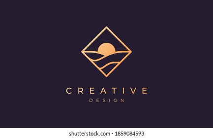 square logo with outline forming ocean wave and sun in a simple and modern shape
