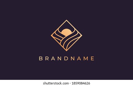 square logo with outline forming ocean wave and sun in a simple and modern shape