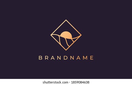 square logo with outline forming ocean wave and sun in a simple and modern shape