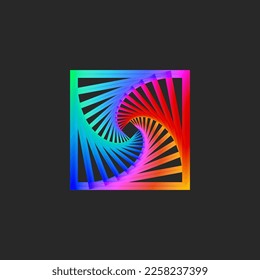 Square logo spiral perspective and twisting  cyberpunk fractal geometric shape identity rainbow gradient design mockup 