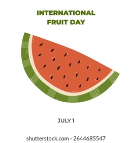 Banner quadrado adorável para o Dia Internacional da Fruta com clipart de melancia de desenho animado. Cartaz de férias minimalista, modelo para o site, mídias sociais com ilustração de frutas no verão tropical.