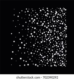 Square luminescent background of a random scatter of white circles with a glowing effect, isolated on black.