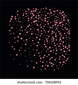 Square luminescent background of a random scatter of purple circles with a glowing effect, isolated on black.
