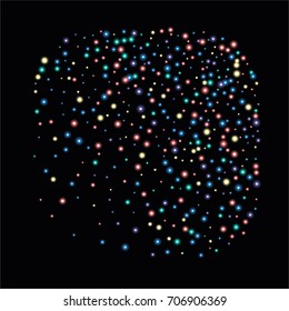 Square luminescent background of a random scatter of rainbow circles with a glowing effect, isolated on black.