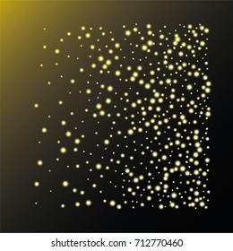 Square luminescent background of a random scatter of gold circles with a glowing effect, on a black-gold background.