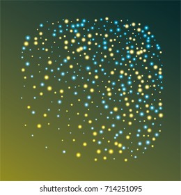 Square luminescent background of a random scatter of blue and gold circles with a glowing effect, on a blue-gold background.