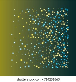 Square luminescent background of a random scatter of blue and gold circles with a glowing effect, on a blue-gold background.