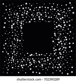 Square luminescent frame or border of a random scatter of white circles with a glowing effect, isolated on black.