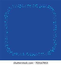 Square luminescent frame or border of a random scatter of blue circles with a glowing effect, on a blue background.