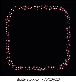 Square luminescent frame or border of a random scatter of purple circles with a glowing effect, isolated on black.