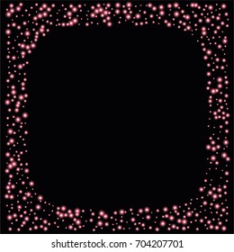 Square luminescent frame or border of a random scatter of purple circles with a glowing effect, isolated on black.