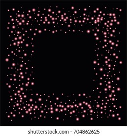 Square luminescent frame or border of a random scatter of purple circles with a glowing effect, isolated on black.