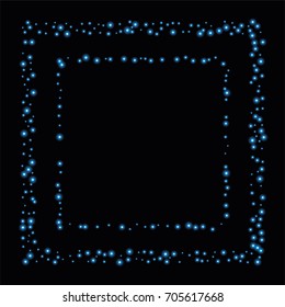 Square luminescent frame or border of a random scatter of blue circles with a glowing effect, isolated on black.