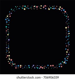 Square luminescent frame or border of a random scatter of rainbow circles with a glowing effect, isolated on black.