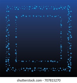 Square luminescent frame or border of a random scatter of blue circles with a glowing effect, on a blue-black background.