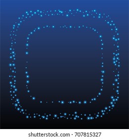 Square luminescent frame or border of a random scatter of blue circles with a glowing effect, on a blue-black background.