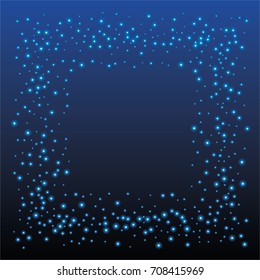 Square luminescent frame or border of a random scatter of blue circles with a glowing effect, on a blue-black background.