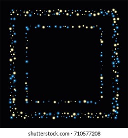 Square luminescent frame or border of a random scatter of blue and gold circles with a glowing effect, isolated on black.