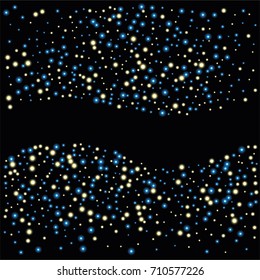 Square luminescent frame or border of a random scatter of blue and gold circles with a glowing effect, isolated on black.