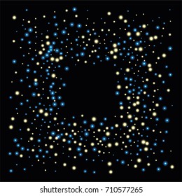 Square luminescent frame or border of a random scatter of blue and gold circles with a glowing effect, isolated on black.