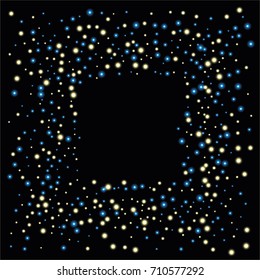 Square luminescent frame or border of a random scatter of blue and gold circles with a glowing effect, isolated on black.