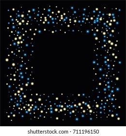 Square luminescent frame or border of a random scatter of blue and gold circles with a glowing effect, isolated on black.