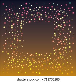 Square luminescent frame or border of a random scatter of gold and purple circles with a glowing effect, on a black-gold background.