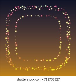 Square luminescent frame or border of a random scatter of gold and purple circles with a glowing effect, on a black-gold background.